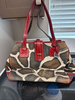 Dooney & Bourke Giraffe-Print Canvas Shoulder Bag with Red Leather Trim